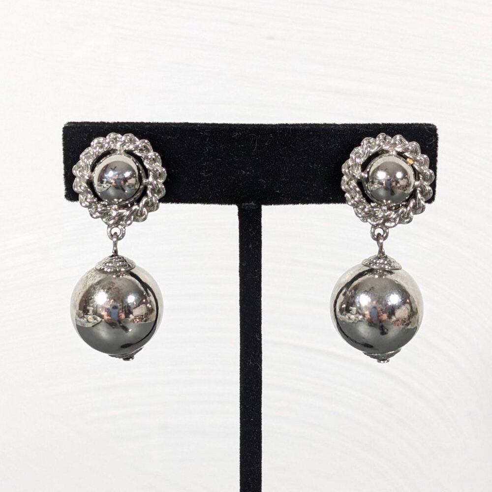 Vintage Silver Tone Round Ball Dangle Clip On Earrings‎ MCM